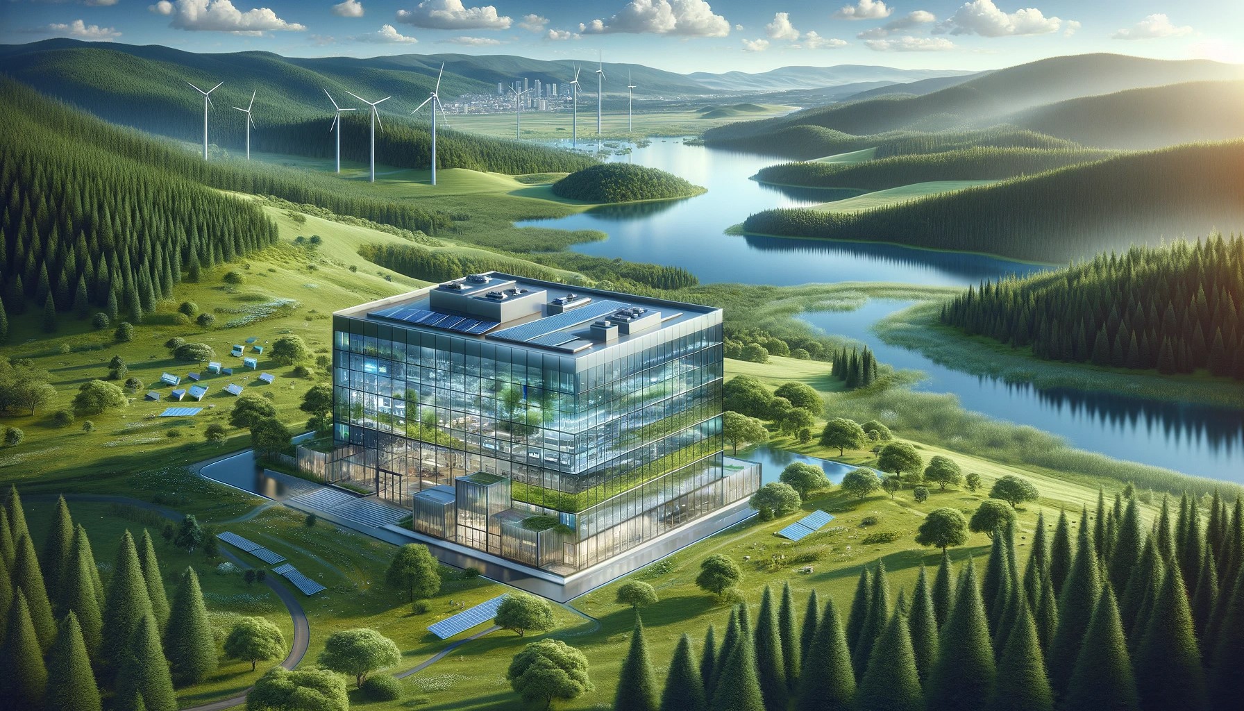 Sustainable technology campus surrounded by renewable energy and nature